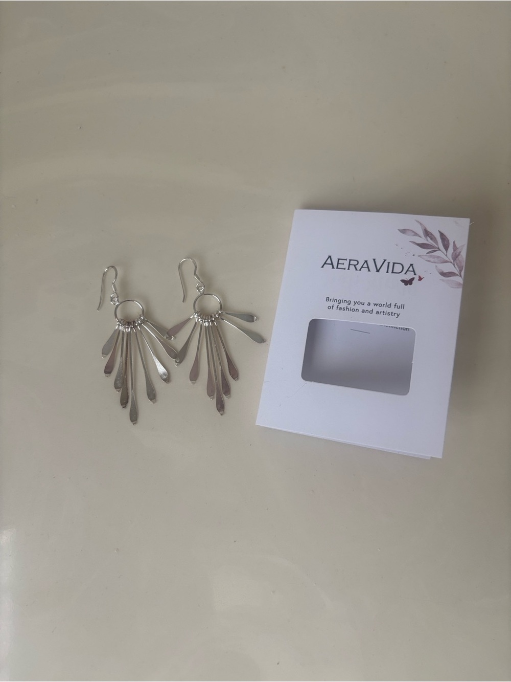 AeraVida Sterling Silver Silver Shimmering Fan Drop Earrings - Picture 3 of 4